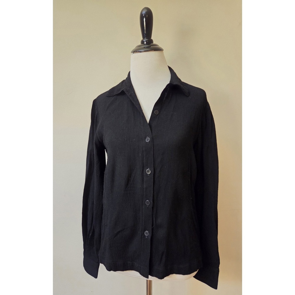Eileen Fisher Petites Long Sleeve Rayon Nylon Blend Black Button Down Shirt P/P